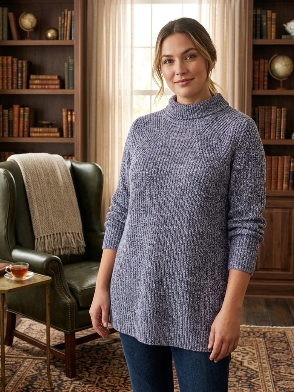 Magaschoni Heathered Blue Ribbed Turtleneck Sweater COTTON-CASHMERE Blend